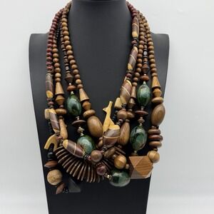 Wood Bead Necklaces Boho Chunky Statement Natural Jewelry Brown Neutral Lot Of 5